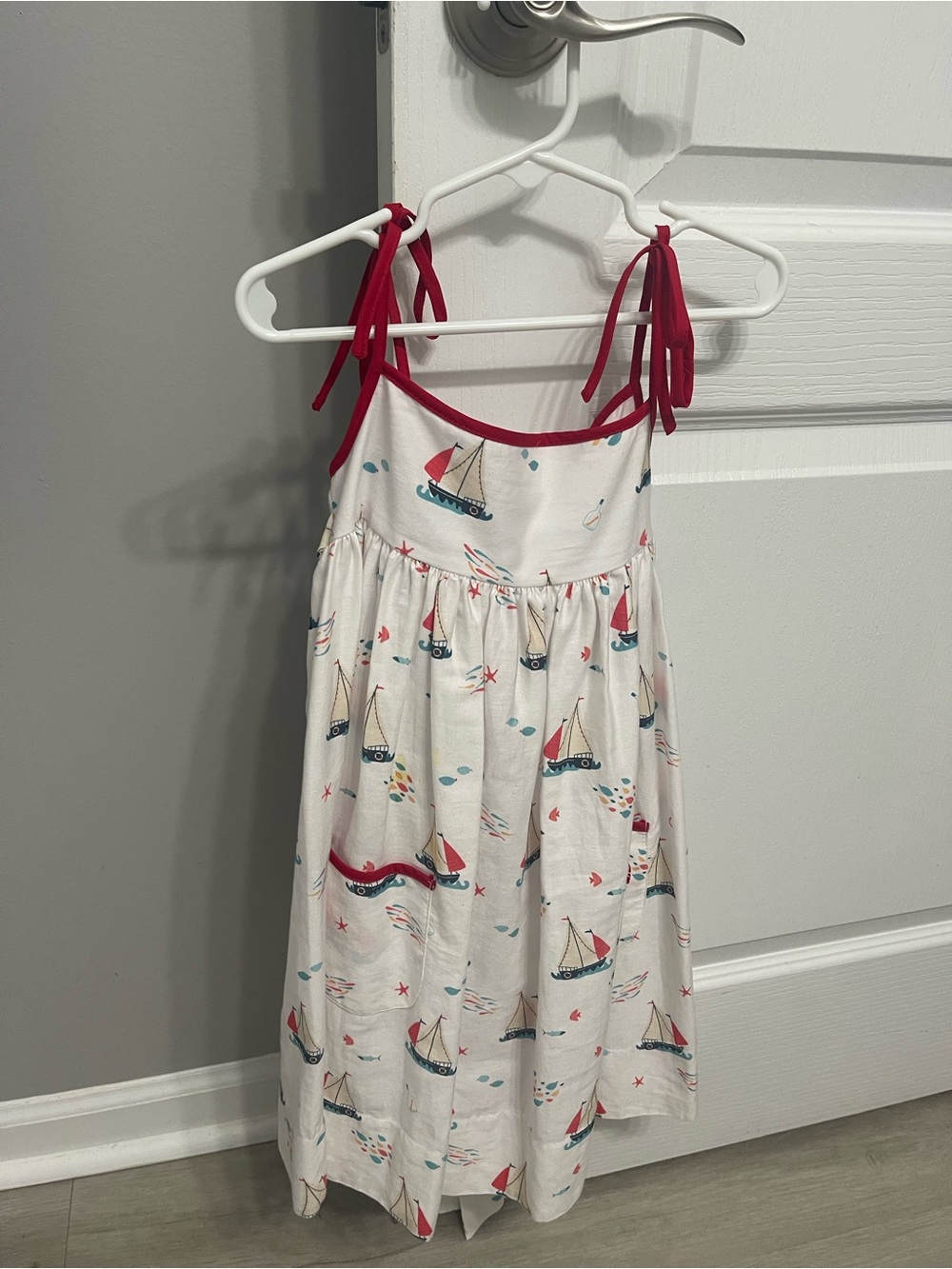 Girls White Sailboat Print Tie-Shoulder Dress